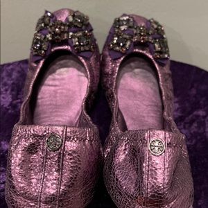 Tory Burch purple metallic flats, jeweled toe.